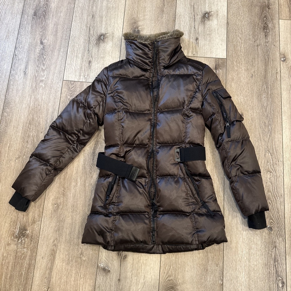 S13 NYC Down Puffer Jacket with Faux Fur Trimmed Collar Dark Brown Black Trim XS
